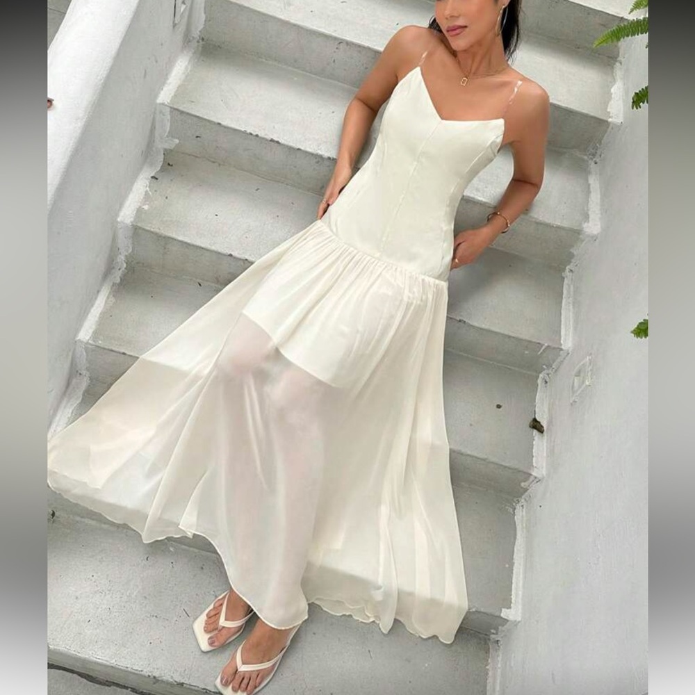 White ivory mesh drop waist clear spaghetti strap maxi flowy dress - Picture 5 of 5